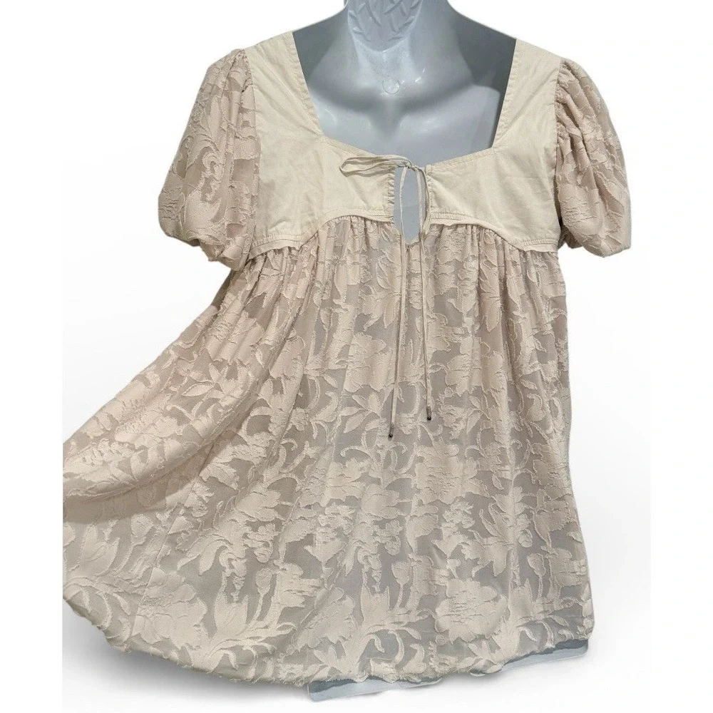Free People Top M Blush‎ Lace Babydoll Tunic Puff Sleeve Boho Romantic Whimsy